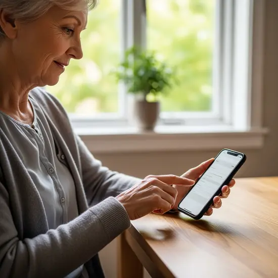 Seniorin nutzt ein Smartphone zu Hause, um eine digitale Antragstellung vorzubereiten; ruhiger Hintergrund, keine sichtbaren App-Details.