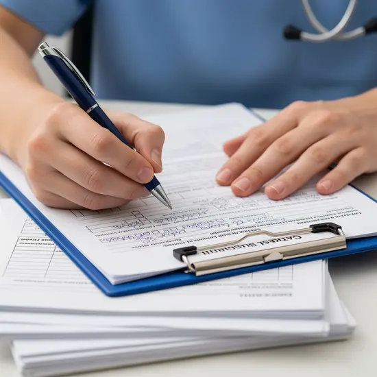 Nahaufnahme von Händen, die auf einem Klemmbrett Notizen zur Pflegebegutachtung machen; Stift, geordnete Papiere.