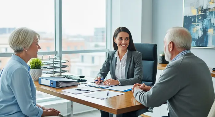 Freundliche Sachbearbeiterin berät älteres Ehepaar in einem modernen, hellen Büro; auf dem Tisch liegen geordnete Unterlagen und ein Stift; entspannte, vertrauensvolle Atmosphäre.