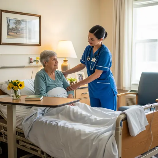 Senior in einem Pflegeheim-Zimmer wird von einer Pflegekraft am Bett unterstützt; ruhige, professionelle Atmosphäre.