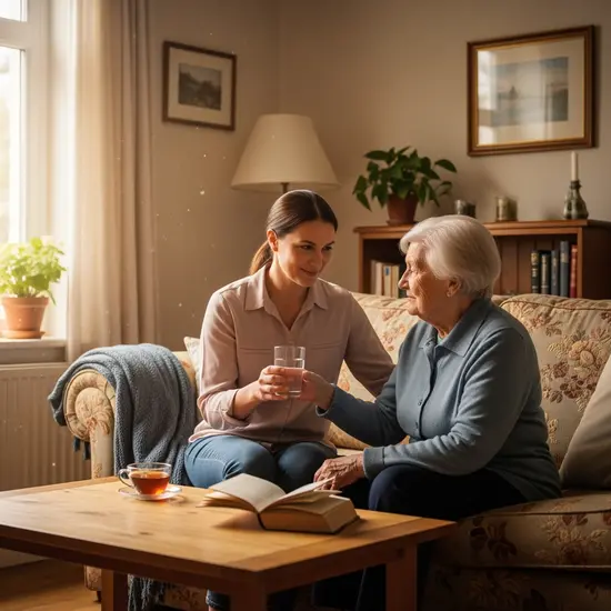 Ersatzpflege zu Hause: vertraute Nachbarin sitzt neben Seniorin und reicht ein Getränk; warmes Wohnzimmer.