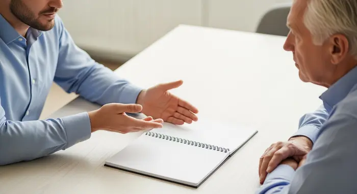 Berater erklärt einem Senior das Jahresbudget an einem leeren Notizblock; beide sitzen am Tisch, ohne sichtbaren Text.