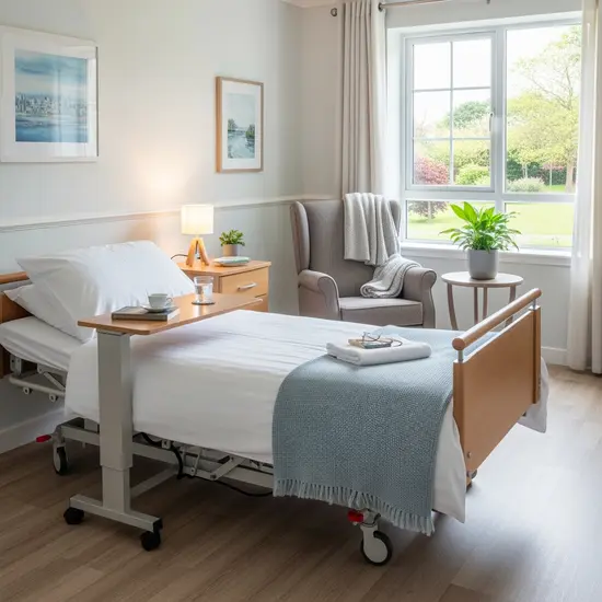 Helles Bewohnerzimmer in einem Pflegeheim mit Pflegebett, Nachttisch und bequemen Sessel; ruhige, saubere Atmosphäre.