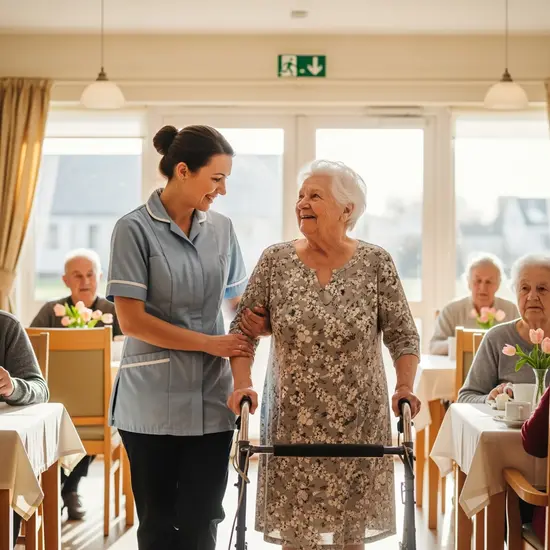 Pflegekraft begleitet eine Bewohnerin im Speisesaal; freundlicher Austausch, warmes Licht.