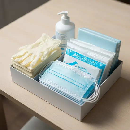 Pflegebox auf einem Tisch mit Einmalhandschuhen, FFP2-Masken, Desinfektionsmittel und Bettschutzeinlagen; aufgeräumte Darstellung ohne lesbaren Text.