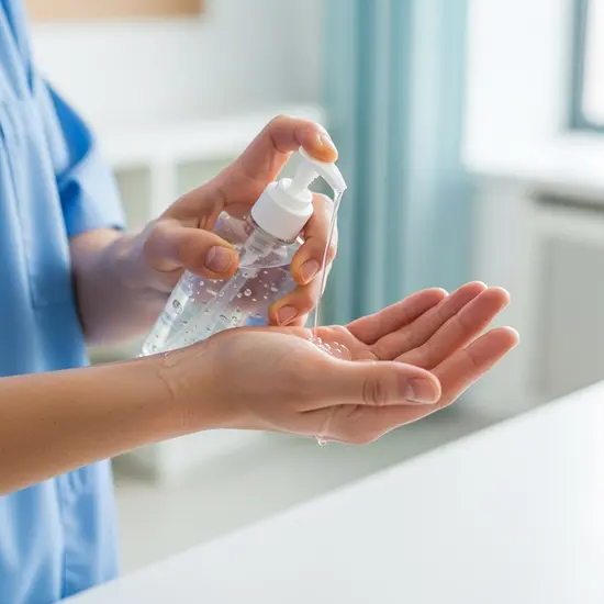 Pflegekraft desinfiziert sorgfältig die Hände vor einer Pflegetätigkeit; Nahaufnahme ohne Marken.