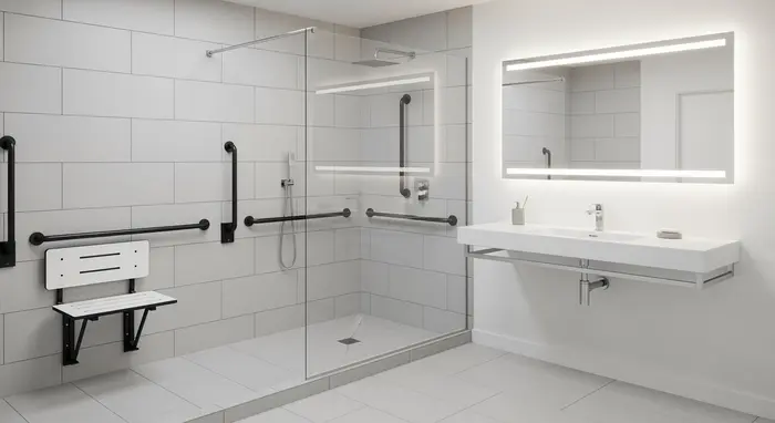 Modernes, barrierefreies Badezimmer mit bodengleicher Dusche, Haltegriffen und Duschsitz; helle Fliesen, klare Linien.
