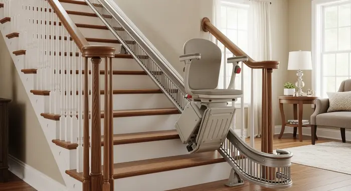 Treppenlift an einer Holztreppe in einem Einfamilienhaus; sichere, stabile Konstruktion ohne Marken.