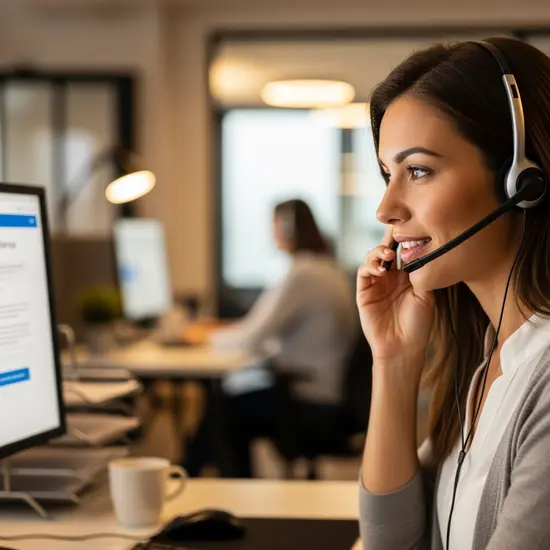 Freundliche Mitarbeiterin in einem Callcenter mit Headset spricht konzentriert mit einem Anrufer; ruhiger Hintergrund, warmes Licht.