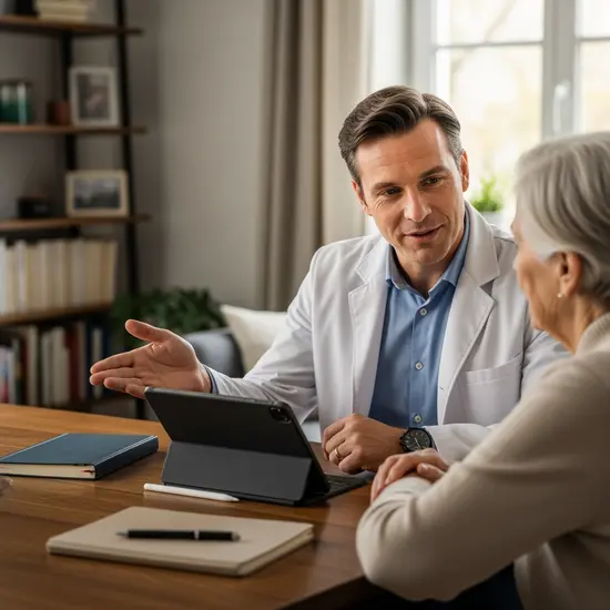 MD-Gutachter sitzt mit einer älteren Person am Wohnzimmertisch und erklärt den Ablauf; Tablet und Stift liegen bereit.