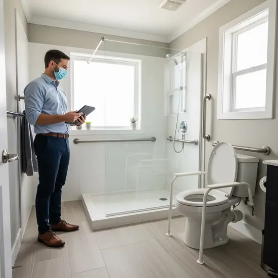Begutachtung zu Hause: Gutachter prüft sicher das Badezimmer auf Barrieren; respektvolle Distanz.