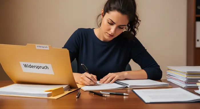 Erwachsene Tochter sitzt am Schreibtisch und formuliert einen Widerspruch; Aktenordner, Kugelschreiber, konzentrierter Blick.
