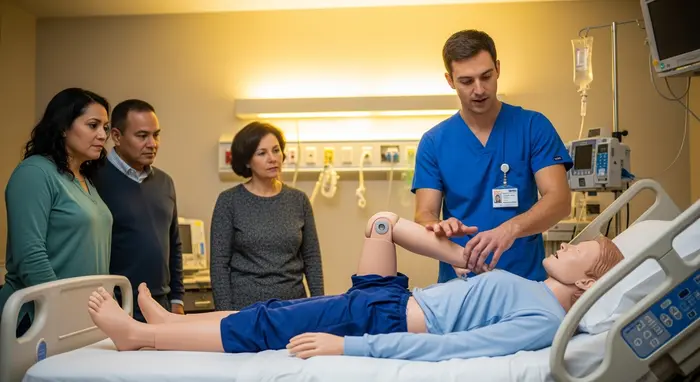 Pflegefachkraft demonstriert an einer Pflegepuppe rückenschonende Lagerung; kleine Gruppe Angehöriger schaut aufmerksam zu.