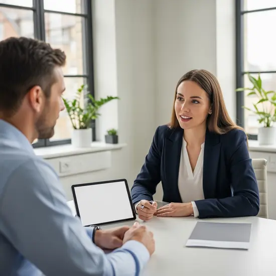 Beraterin der privaten Krankenversicherung spricht mit einem Kunden in einem hellen Beratungsraum; Tablet und neutrale Broschüre ohne lesbaren Text liegen bereit.