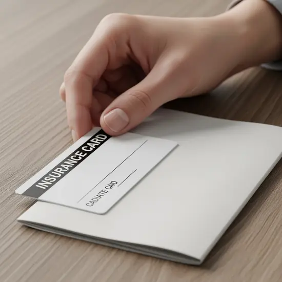 Nahaufnahme einer Hand, die eine neutrale Versicherungskarte und eine schlichte Broschüre auf den Tisch legt; keine lesbaren Aufdrucke.