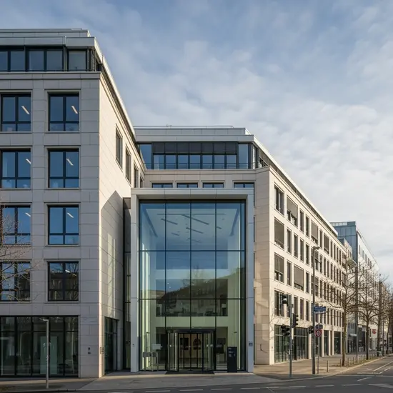 Moderne Bürofassade in Mannheim bei Tageslicht; Eingangsbereich mit Glasfront, klarer, professioneller Eindruck ohne lesbare Beschilderung.
