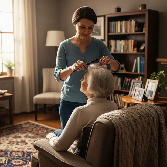 Erwachsene Tochter hilft ihrer Mutter beim Kämmen im Wohnzimmer; warme, häusliche Umgebung, respektvolle Nähe.