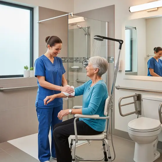Ambulante Pflegekraft hilft einer Seniorin beim Waschen im barrierearmen Badezimmer; freundliche, respektvolle Interaktion.