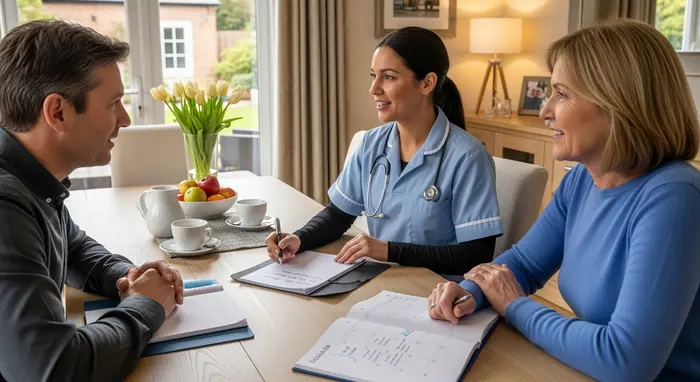 Familie sitzt mit einer Pflegerin am Esstisch und bespricht einen Pflegeplan; Notizblock und Kalender liegen bereit.