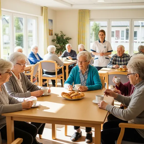 Heller Gemeinschaftsraum einer Tagespflege mit Seniorinnen und Senioren beim Kaffeetrinken; Betreuungskraft im Hintergrund.