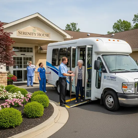 Kleiner Transportbus hält vor einer Einrichtung, ein Senior wird freundlich begleitet; sichere Umgebung.