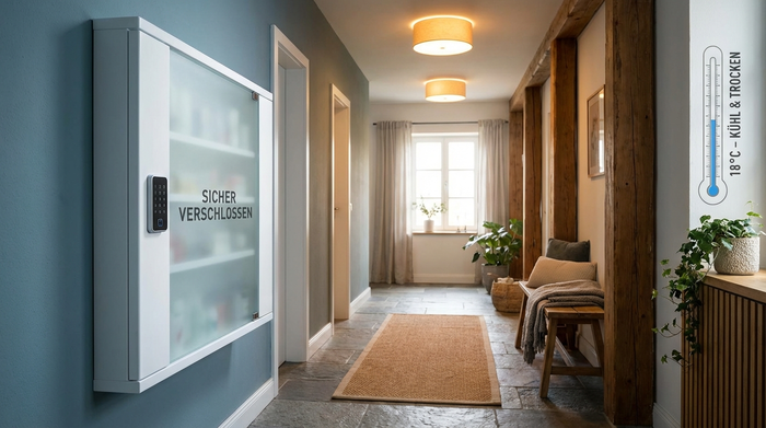 Ein moderner, weißer Medikamentenschrank hängt sicher verschlossen im kühlen, schattigen Flur eines gemütlichen Zuhauses. Die Umgebung ist trocken und gut beleuchtet.