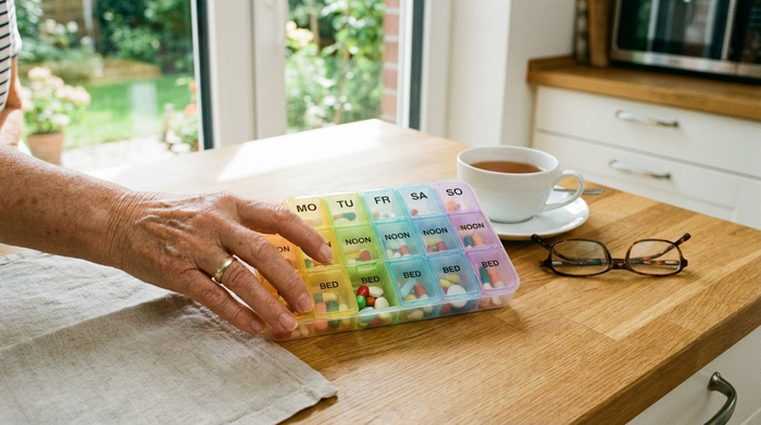 Ein ordentlich sortierter, farbenfroher Tablettenspender für eine ganze Woche liegt auf einem sauberen Küchentisch. Eine ältere Hand greift behutsam nach dem Spender.