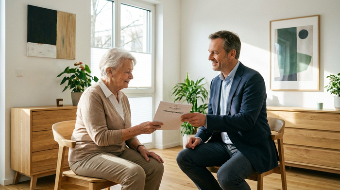 Eine ältere Dame sitzt im Sprechzimmer eines Arztes. Der freundliche Arzt überreicht ihr ein Dokument. Beide wirken entspannt und vertrauensvoll in einer modernen Praxis.