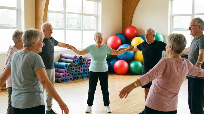 Mehrere Senioren stehen in einem Kreis in einer hellen Sporthalle und dehnen sanft ihre Arme. Im Hintergrund sieht man aufgerollte Gymnastikmatten und bunte Pezzibälle.