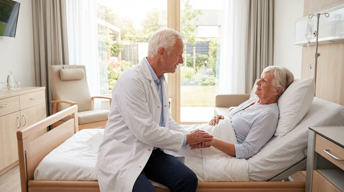 Ein fürsorglicher Arzt in weißem Kittel sitzt am Bett eines älteren Patienten in einem hellen, modernen Krankenhauszimmer und hält beruhigend dessen Hand.