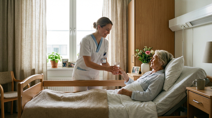 Ein ruhiges, würdevolles Patientenzimmer mit sanftem Tageslicht. Eine freundliche Pflegekraft reicht einer älteren Dame behutsam ein Glas Wasser. Friedliche und unterstützende Stimmung.