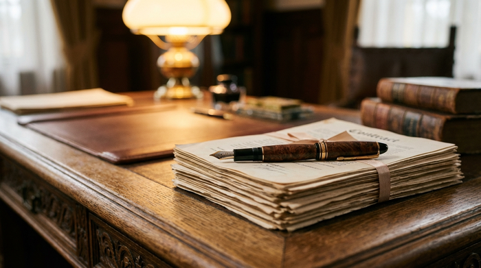 Ein edler Füllfederhalter liegt griffbereit auf einem ordentlichen Stapel wichtiger Dokumente auf einem massiven Eichenschreibtisch. Im Hintergrund leuchtet unscharf eine warme Schreibtischlampe.