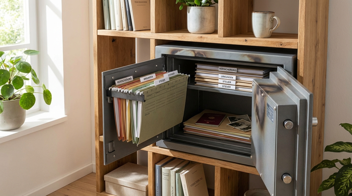 Eine geöffnete, feuerfeste Dokumentenkassette steht in einem aufgeräumten Holzregal. Darin liegen ordentlich sortierte Mappen und Papiere, geschützt und leicht zugänglich.