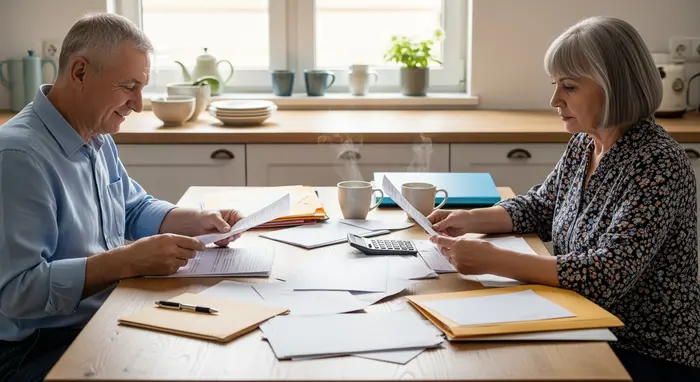 Älteres Ehepaar sitzt gemeinsam am Küchentisch und sortiert entspannt Papiere und Unterlagen