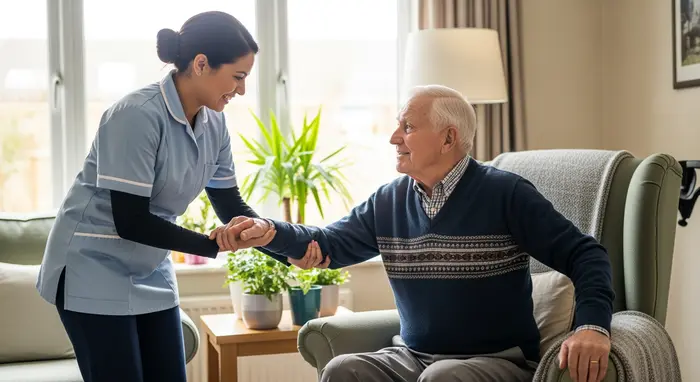 Pflegekraft hilft älterem Herrn beim Aufstehen aus dem Sessel, beide lächeln