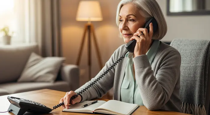 Seniorin telefoniert mit der Krankenkasse, Notizblock liegt bereit