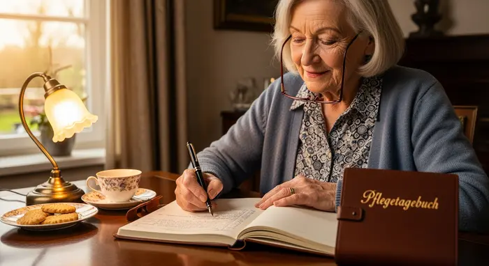 Ältere Dame führt handschriftlich ein Pflegetagebuch am Schreibtisch