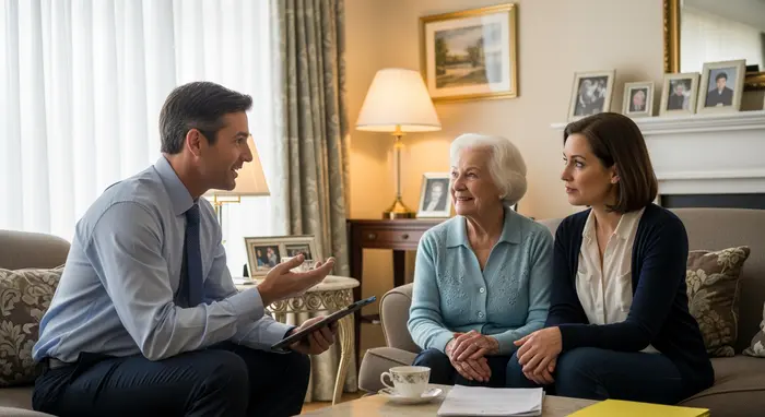 Freundlicher Gutachter im Gespräch mit Seniorin und Angehöriger im Wohnzimmer