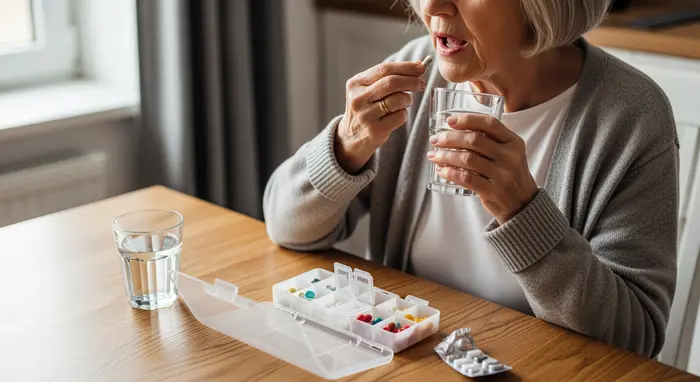 Seniorin bei der Medikamenteneinnahme am Tisch, Tablettenbox liegt bereit