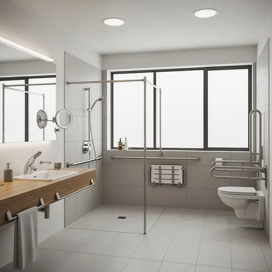Modernes, barrierefreies Badezimmer mit ebenerdiger Dusche und Haltegriffen