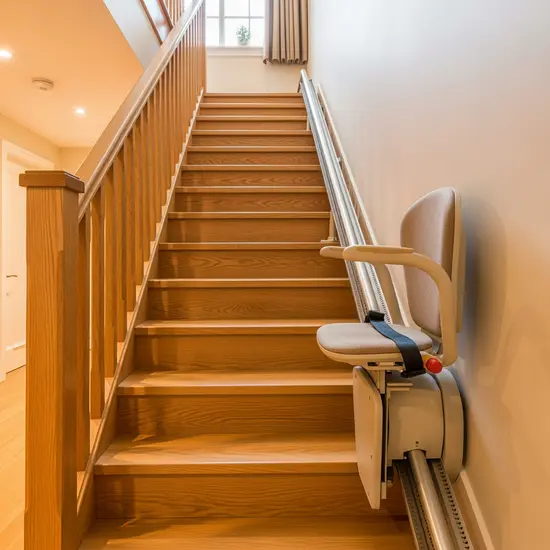 Treppenlift an einer geraden Holztreppe im Einfamilienhaus