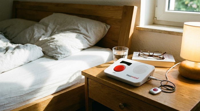Hausnotruf-Gerät auf einem Nachttisch neben einem Bett