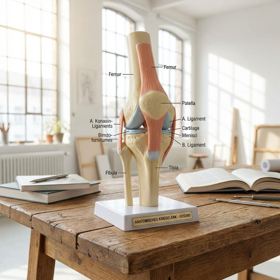 Anatomisches Modell eines gesunden Kniegelenks auf einem Tisch, heller Hintergrund