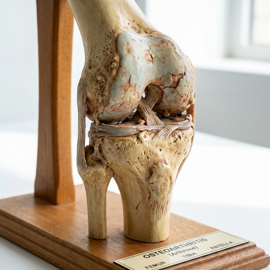 Anatomisches Modell eines Kniegelenks mit sichtbaren Abnutzungserscheinungen (Arthrose), heller Hintergrund