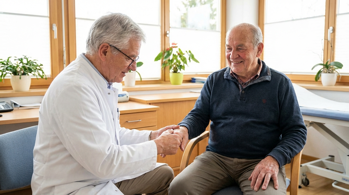 Arzt in weißem Kittel untersucht vorsichtig das Handgelenk eines älteren Patienten in einer hellen Praxis