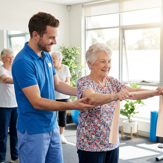 Freundliche Physiotherapeutin unterstützt eine Seniorin bei leichten Armübungen