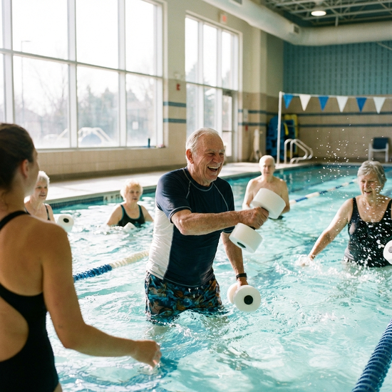 Älterer Herr bei der Wassergymnastik im Schwimmbad, lächelnd