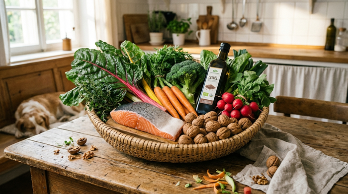 Korb mit frischem Gemüse, Lachsfilet, Walnüssen und einer Flasche Leinöl auf einem Küchentisch