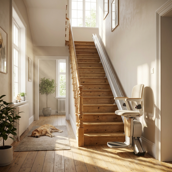 Elektrischer Treppenlift an einer geraden Holztreppe in einem hellen Flur