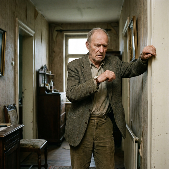 Senior steht etwas ratlos im Flur und betrachtet nachdenklich seine Armbanduhr, während er versucht sich zu orientieren.